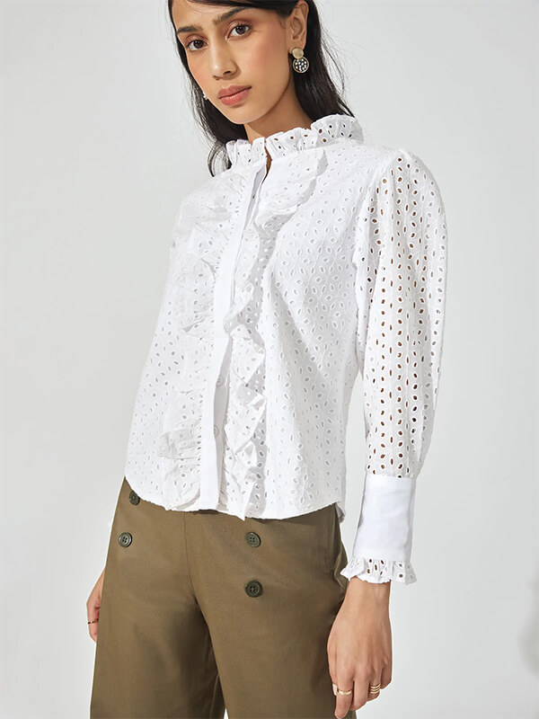 White Schiffli Ruffled Shirt – Excelebiz