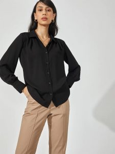 Black Shoulder Gathered Shirt