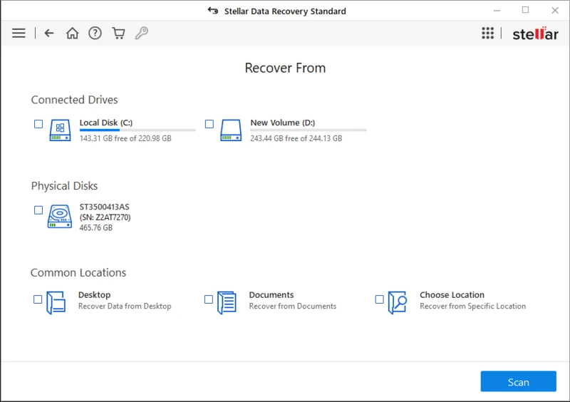 Stellar Data Recovery - Select the scan location