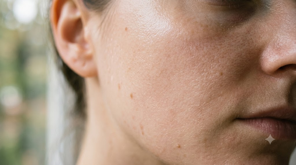 Close-up of natural skin texture after using a hydrating toner