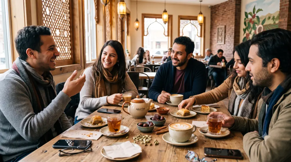 Customers sharing Yemeni coffee and pastries at a Qamaria café in the US