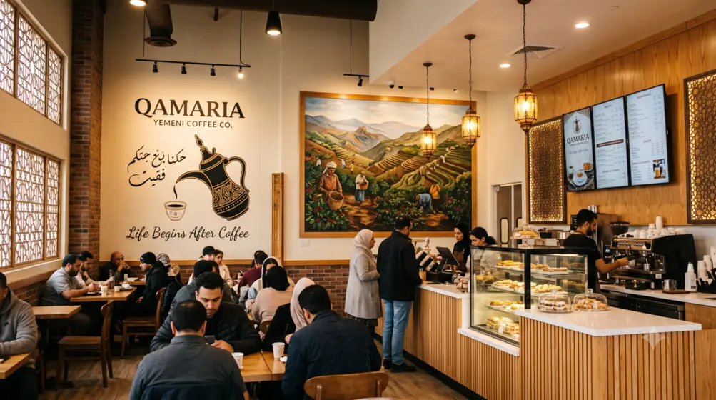 Qamaria Yemeni Coffee café interior with coffee harvest mural