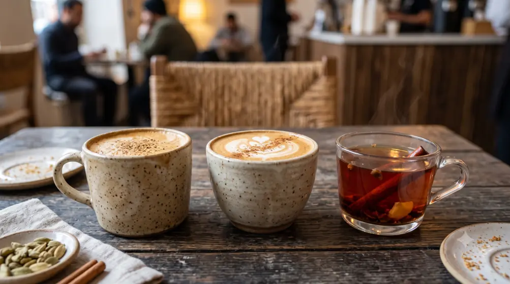 Qamaria Yemeni Coffee menu favorites including Adeni chai latte and Qamaria latte