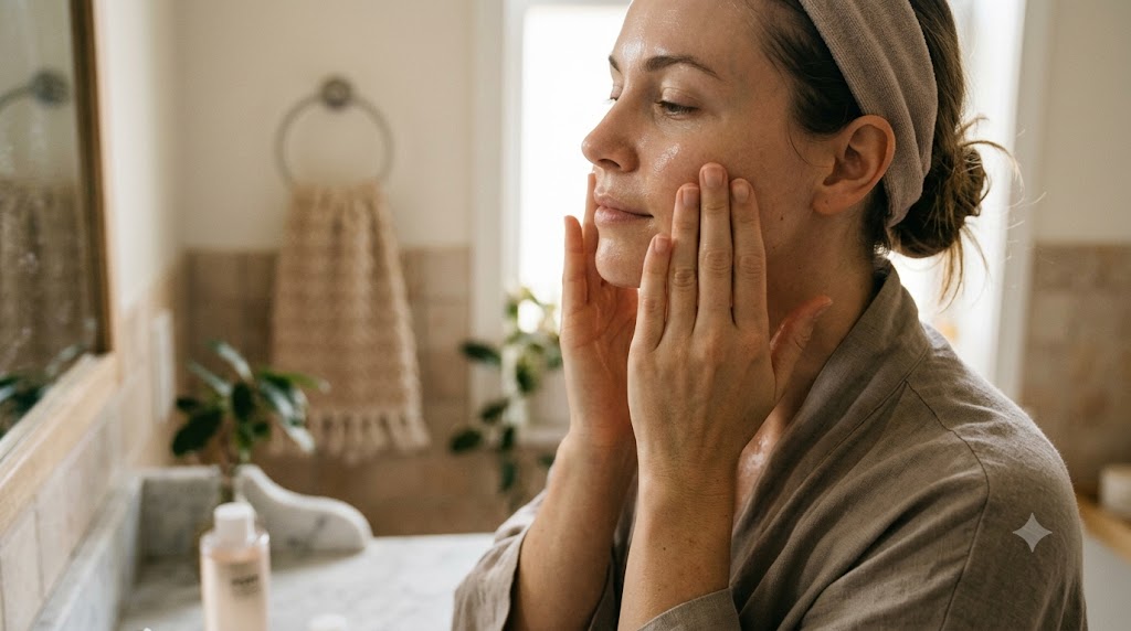 Woman pressing PDRN toner into her skin with her palms